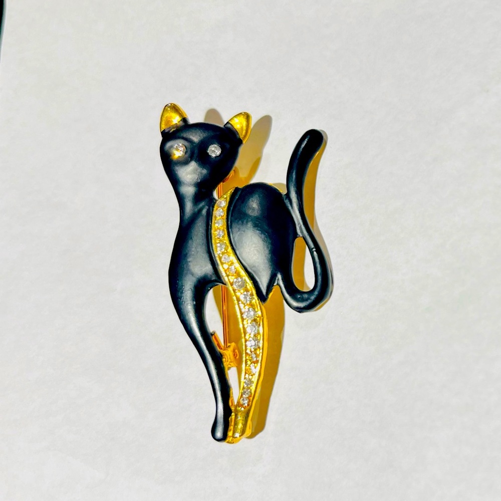 Black Cat With Gold Toned Metal And Shiny Clear Rhinestones Brooch